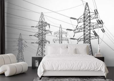 High voltage transmission systems. Electric pole. Power lines. A network of interconnected electrical. Energy pylons. City electricity infrastructure. Gray otlines on white background. Vector design Wall mural