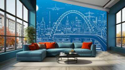 Industrial and transportation illustration, train rides on the bridge, urban skyline, white lines landscape on blue background, night city, airplane fly, vector design art Wall mural