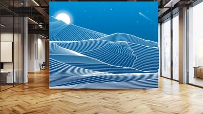 Mountains outline illustration. Night desert landscape. Sand dunes. Moon and stars. Vector design art Wall mural