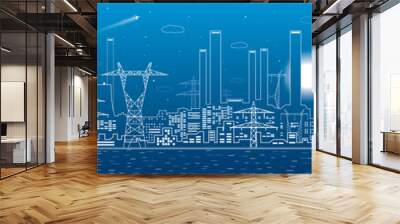 Power plant, electricity lines, energy and industrial panoramic, infrastructure, vector design art Wall mural