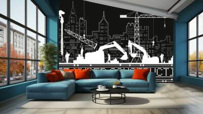 Site Under Construction illustration. Buildings panorama, industrial landscape, Constructional cranes and excavators, urban scene. People working. Vector lines design art Wall mural