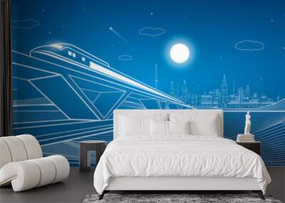 Train move, dynamic composition, mountains and night city  Wall mural