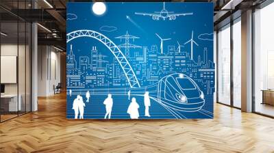 Trains moves, railway station, people waiting for the train, industrial and transport panoramic, city infrastructure on background, vector design art Wall mural