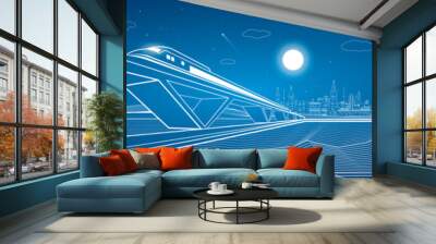 Two rains move, dynamic composition, mountains and night city  Wall mural