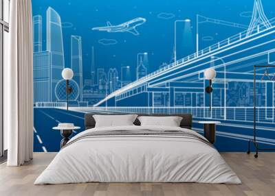 White outlines Infrastructure illustration. Large highway in city. Modern town at blue background, tower and skyscrapers, business building. Plane is flying. Vector design art Wall mural