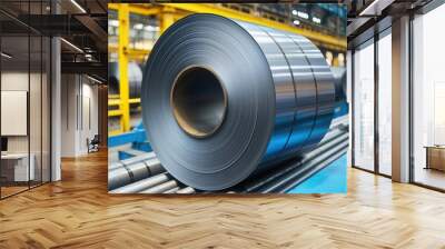 A detailed shot of a steel sheet being coiled into a roll on a production line, Steel Sheet Coiling, focusing on the process of preparing steel for transport and storage Wall mural