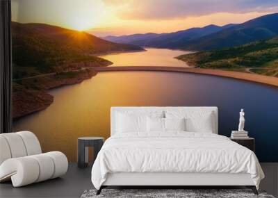 Aerial view of a rockfill dam nestled in a valley, calm reservoir water, dramatic mountain backdrop, dam structure, natural harmony Wall mural