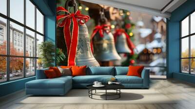 Church bells adorned with Christmas ribbons, traditional decorations Wall mural