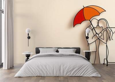 Line art of a couple sharing an umbrella, with a single line creating both figures and the umbrella, representing protection and care Wall mural