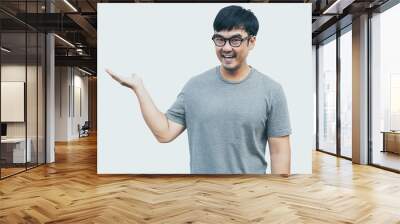 adult asian man.young male person wear eye glasses.posing smiling laughing look excited surprised thinking positive happy.empty,copy space for text advertising.white background.attractive fashion Wall mural