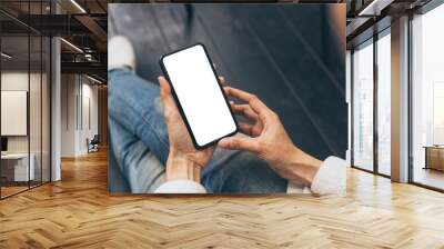 cell phone blank white screen mockup.woman hand holding texting using mobile on desk at office.background empty space for advertise.work people contact marketing business,technology Wall mural