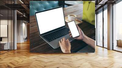 computer,cell phone mockup image.hand woman work using laptop texting mobile.blank screen with white background for advertising,contact business search information on desk in cafe.marketing,design Wall mural