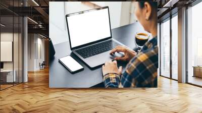 computer screen,cell phone blank mockup.hand woman work using laptop texting mobile. with white background for advertising,contact business search information on desk in cafe.marketing,design Wall mural