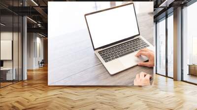 computer screen blank mockup.hand woman work using laptop with white background for advertising,contact business search information on desk at coffee shop.marketing and creative design Wall mural