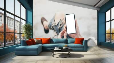 Mockup image blank white screen cell phone.man hand holding texting using mobile sitting at coffee shop.background empty space for advertise text.people contact marketing business,technology  Wall mural