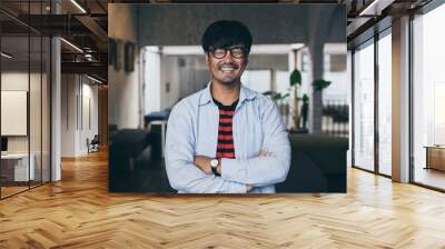 portrait young asian man wear eye glasses Smiling cheerful look thinking position with perfect clean skin posing at office.fashion people freedom life style concept. Wall mural