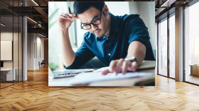 serious people frustrated exhausted work stress concept.businessman holding hands on face feeling tired suffering working on  paperwork job in work place.concept global economic problems Wall mural