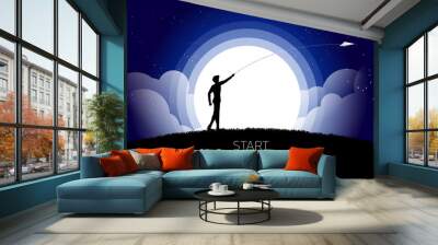 silhouette of businessman throw out origami paper airplane at night. Business Concept of start business and entrepreneur Wall mural