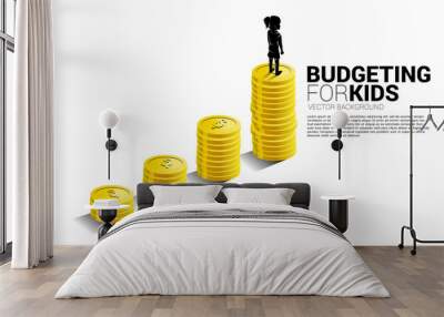 silhouette of girl standing on top of growth graph with stack of coin. Concept of budgeting for kids. Wall mural