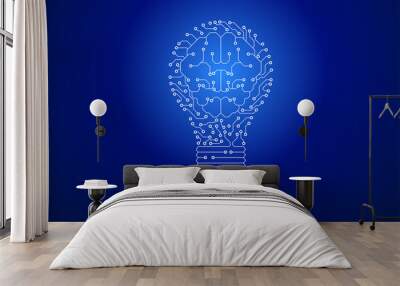 Vector light bulb from dot connect line circuit board with brain inside. Concept of business plan and creative idea. Wall mural