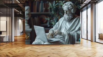 A 8k render of greek statue version of euclid wearing beats headphones, placed on top of some books, studying maths on his laptop and focusing hard, aesthetic, classical, ultra detailed, 8k, pastel Wall mural