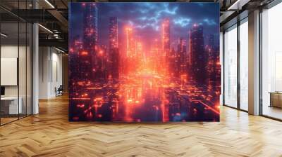 AI urban landscape, digital networks, futuristic technology, neon holograms Wall mural