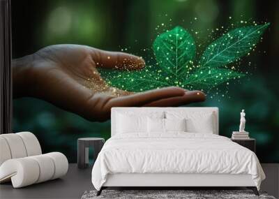 Hand holding digital hologram tree, symbolizing green environment. Wall mural