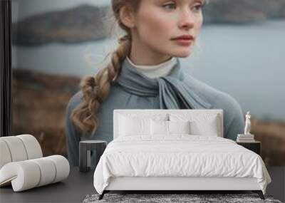 nordic lady in a modern minimalist outfit, set against a backdrop of fjords, nordic beauty, modern s Wall mural