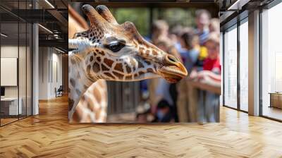 Zoo staff feeding giraffes, natural outdoor setting, children watching, stock photo style Wall mural