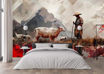 A peaceful rural scene with sheep grazing on a mountain pasture surrounded by lush grass and rolling hills Wall mural