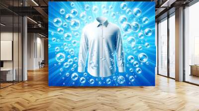 3D Rendered Scene: Crisp White Shirt Floating with Translucent Bubbles, White Shirt Surrounded by Bubbles on Blue Background Wall mural