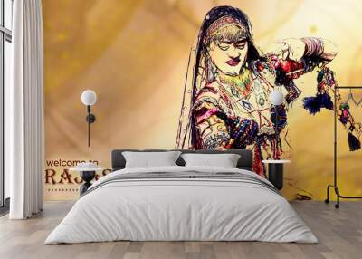 Colorful sketch drawing of rajasthani traditional woman dancer, Welcome to Rajasthan hospitality poster, Rajasthani culture line art illustration Wall mural