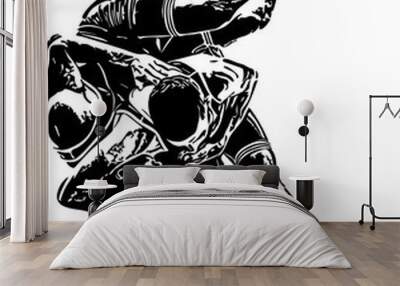 Silhouette of wrestlers doing fight, sketch drawing black and white vector illustration of wrestling match Wall mural