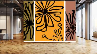 A collection of modern wall art posters with abstract floral motifs. Minimalistic organic shapes inspired by Matisse. Vector illustration for interior, paintings, postcards, tee print in hippie style. Wall mural