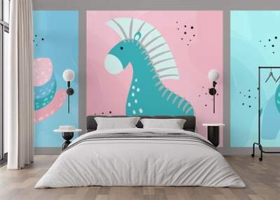 Hand drawn set of childrens creative illustrations in minimal flat style with snail, elephant and zebra. Wall art drawing with cute animals. Postcard, poster, decoration of children's room and clothes Wall mural