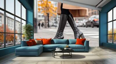 Chic Black Heeled Boots on City Street in Autumn Wall mural