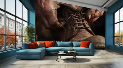 Close-Up of Hands Tying Old Work Boot Laces Wall mural