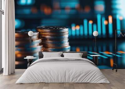 Stacked Coins with Financial Charts in Background Wall mural