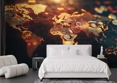 World Map with Financial Symbols and Coins Illustration Wall mural