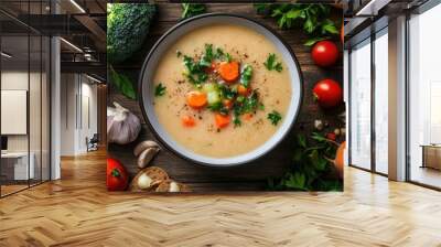 A bowl of homemade vegetable soup with fresh ingredients surrounding it, representing a comforting and healthy meal choice. Plenty of space for copy or text. Wall mural