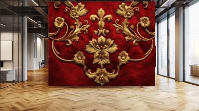 A detailed texture of red velvet with gold embroidery, reminiscent of classic Christmas decor, ideal for adding elegance to seasonal designs. Wall mural