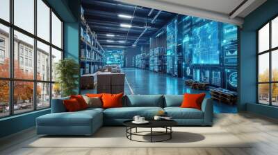 A futuristic warehouse featuring advanced digital interfaces and automated systems managing inventory, highlighting the cutting-edge technology and efficiency in logistics. Wall mural