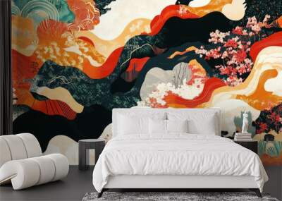 A high-resolution digital rendering of a Japanese fabric pattern featuring bold and modern interpretations of classic ukiyo-e art in rich, contrasting colors. Wall mural