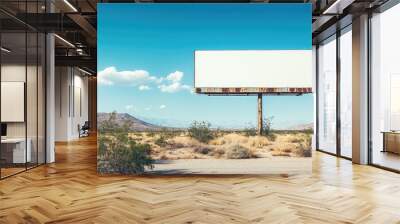 A large blank billboard standing out against the dry, sandy desert landscape, with the vast sky above, offering a striking and unconventional scene for mockup content. Wall mural