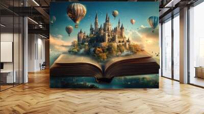 A magical open book, with pages that bring to life a fairy tale world. Castles float alongside hot air balloons in a serene sky, transporting readers into a whimsical adventure. Wall mural