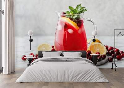 A pitcher of cranberry juice with a glass, garnished with mint and lemon slices, surrounded by cranberries on a white marble surface, creating a vibrant contrast. Wall mural