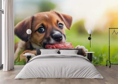 A playful puppy chewing on a piece of meat, with a green lawn in the background and space for text in the sky area above Wall mural