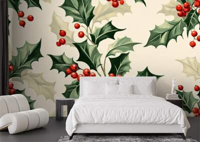 A seamless repeating pattern of red and green holly leaves and berries on a pale background, creating a festive holiday vibe. Wall mural