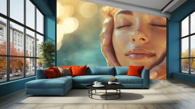 A spa professional's soft hands massage a face in a calm environment, capturing the peacefulness of her pampering experience. Perfect for wellness imagery. Wall mural