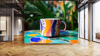 A vibrant coffee cup with abstract designs, set on a colorful mosaic table, with tropical plants in the background. Wall mural